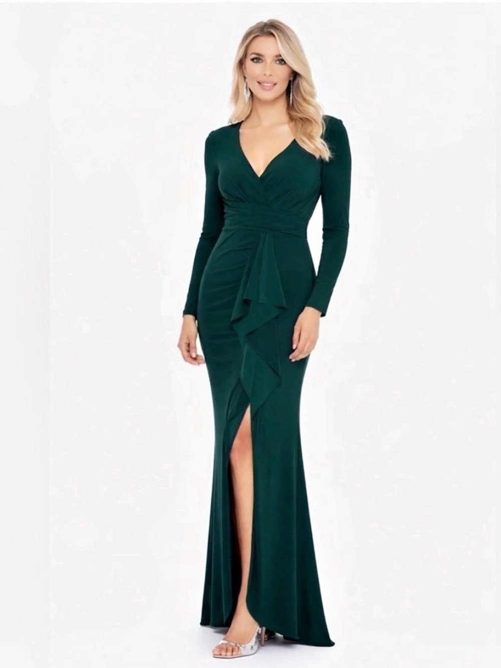 Betsy & Adam Ruched Long Sleeve Maxi Dress in Green Size 10 Like New